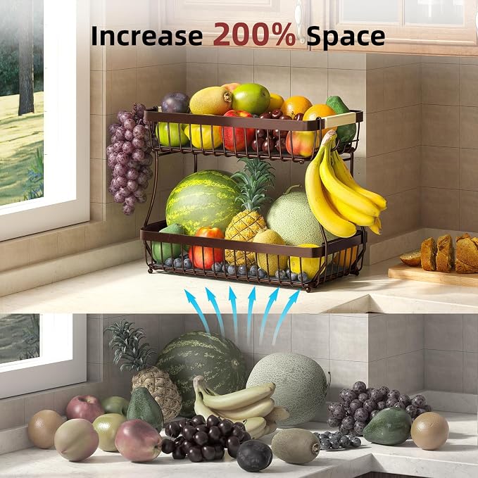 3-Tier Fruit Basket with Banana Hangers, Detachable Metal Bowl | Wooden handle - Image 9