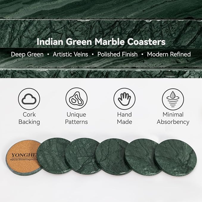 Dark Green Marble Coasters Set of 6, Modern Luxury Drink Coaster - Image 3