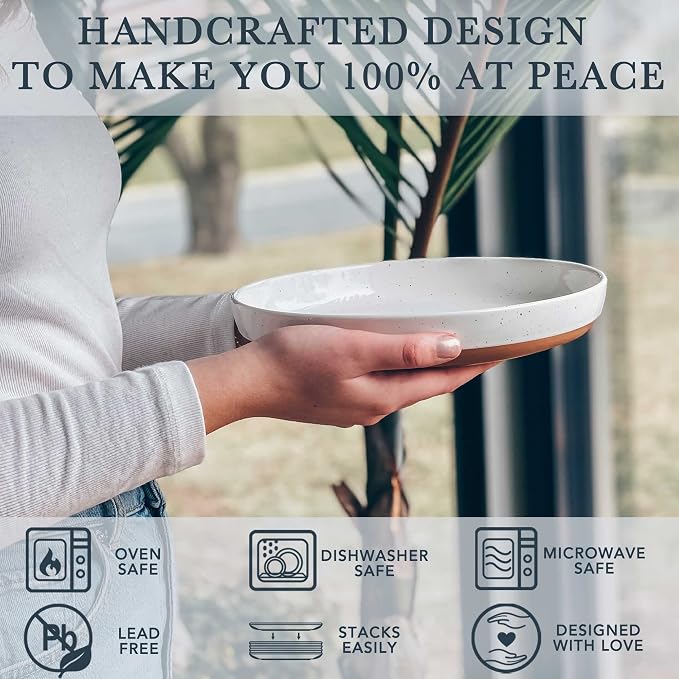 Mora Ceramic Flat Pasta Bowl Set of 4-35oz, Microwave Safe Plate - Image 3