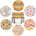 Table Coaster for Drinks Set of 6, Retro 70s Colorful Groovy Round Ceramic by Unknown
