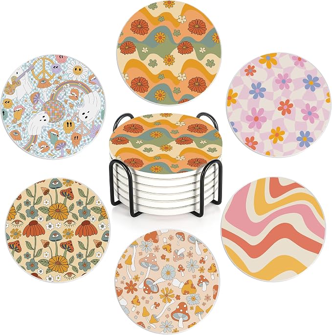 Table Coaster for Drinks Set of 6, Retro 70s Colorful Groovy Round Ceramic by Unknown