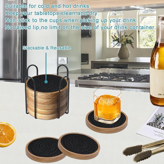 Eykao Wood Coasters for Drinks, Absorbent Coaster Sets of 8, Woven Drink - Image 4