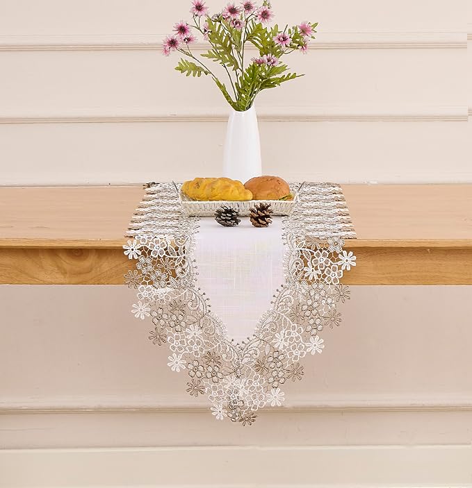 White Beige Floral Lace Table Runner Dresser Scarf | Floral Lace Border - Image 4
