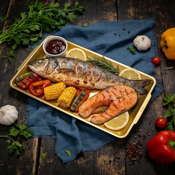 2Pcs 304 Stainless Steel Food Serving Trays, 12.6" Rectangular Gold Platters - Image 5