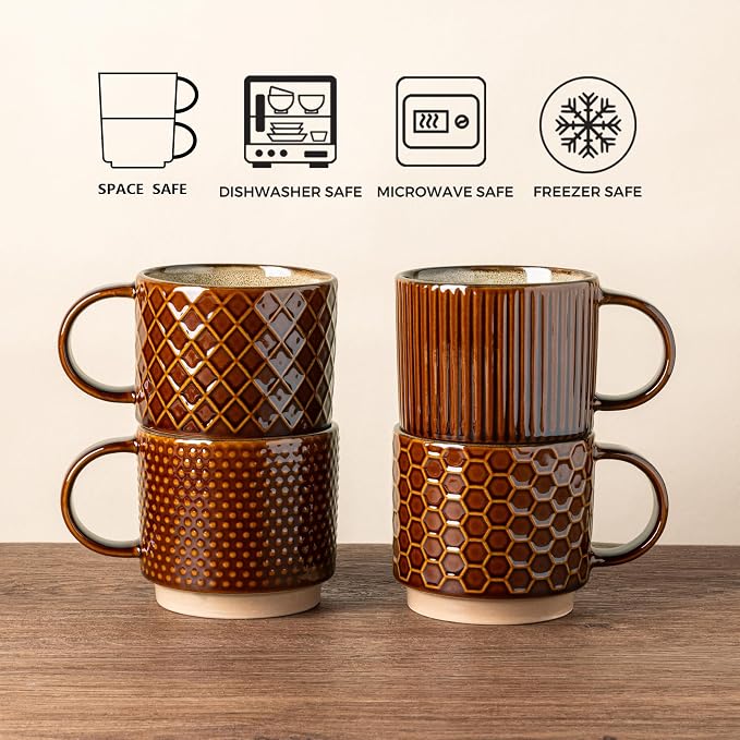 GBhome 12 OZ Stackable Coffee Mugs Set of 4, Ceramic Coffee Cups Set | Coffee - Image 7