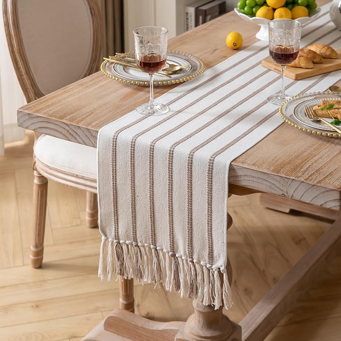 Caflife Boho Table Runner 60 Inchs Long Taupe and Beige, Cotton and Linen Woven - Image 2