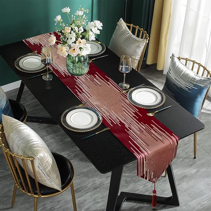 Luxury Red Faux Silk Table Runner, Modern Geometric Lines, Tassel | Table - Image 6