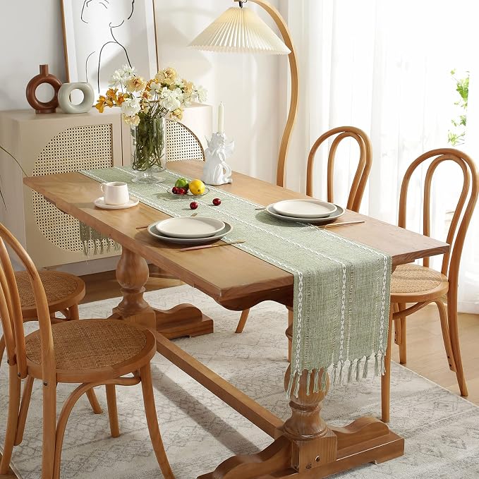 Wracra Rustic Linen Table Runner, Sage Green Table Runners 48 inches Long | - Image 7