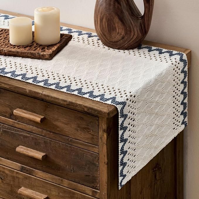 Macrame Side Trim Boho Woven Table Runner, Dusty Blue 12x60 Inch | Crochet by ZEEMARTONLINE