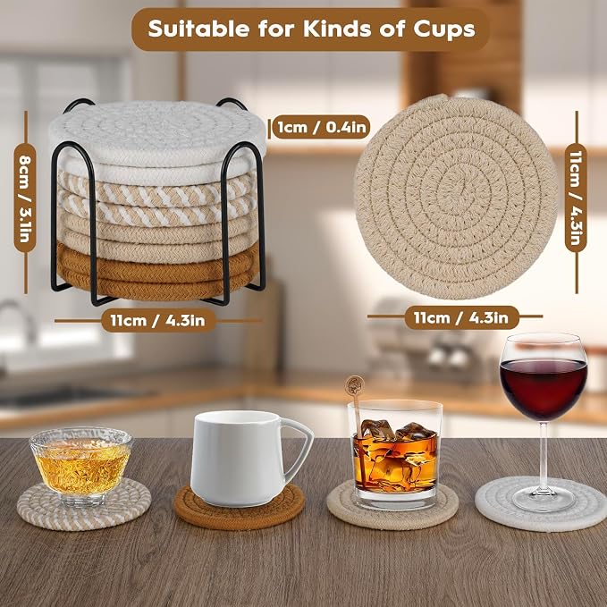 8 Pcs Drink Coasters with Holder, Boho Minimalist Cotton Woven Coasters Set - Image 2