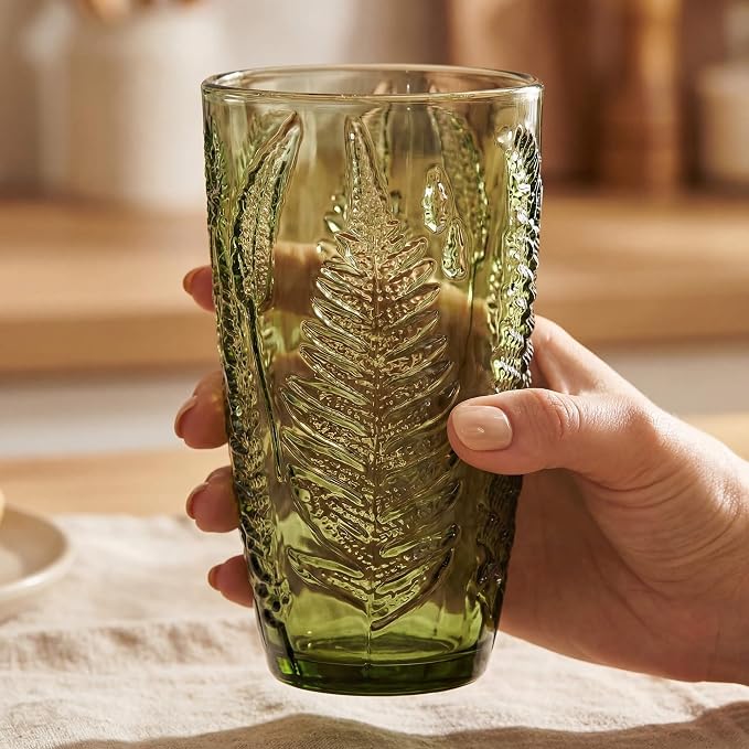 Green Drinking Glasses Set of 4, 16 oz Glass Cups, Vintage Fern Glassware | - Image 3