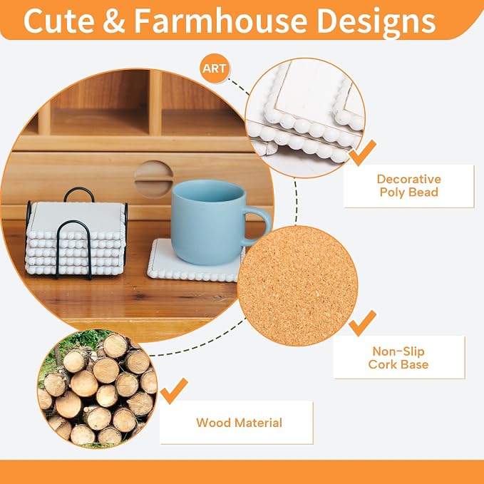 GENMOUS 6 Pack Farmhouse Wooden Bead Coasters - Image 5