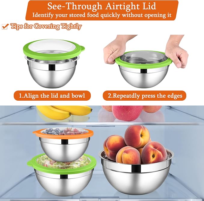 LIANYU Mixing Bowls with Lid Set of 3, Stainless Steel Metal Mixing Bowls | - Image 5