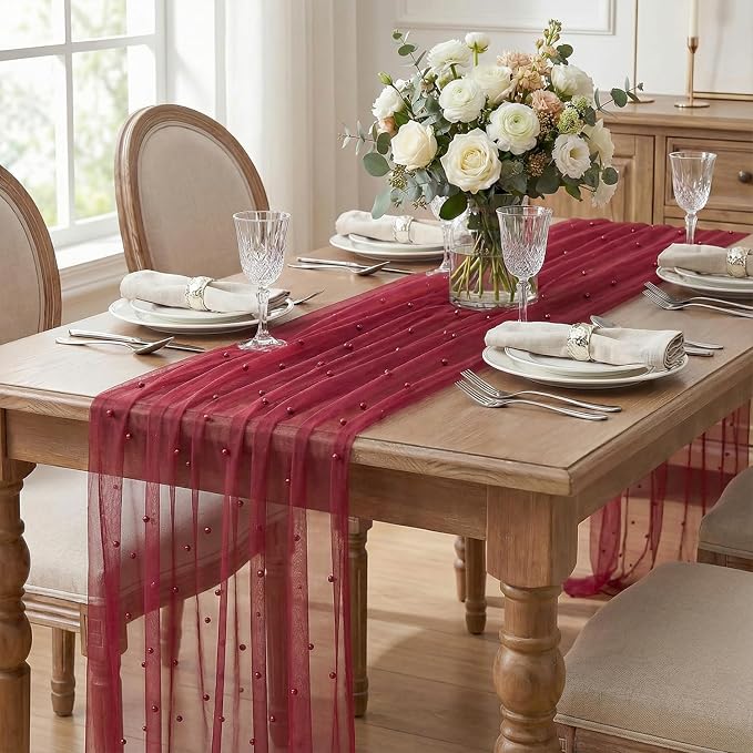 Artoid Mode Pearl Burgundy Gauze Table Runner 120 Inch 10FT, Seasonal Sheer - Image 4