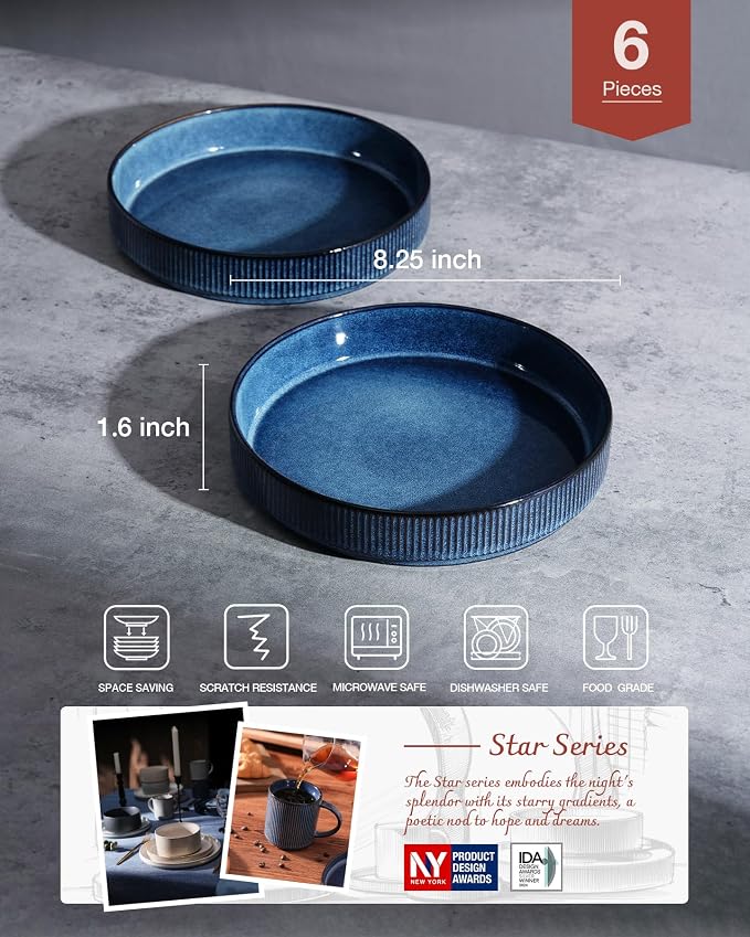 famiware Star 8.25" Pasta Bowls Set of 6, Bowl Plates, Nebulas Blue | Microwave - Image 2