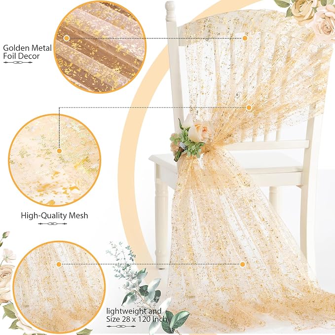 SiinvdaBZX 4 Pcs Beige Gold Sheer Tulle Table Runner 120 Inch/10 Ft Long | - Image 4