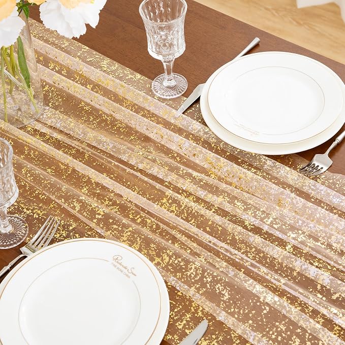 SiinvdaBZX 4 Pcs Beige Gold Sheer Tulle Table Runner 120 Inch/10 Ft Long | - Image 6