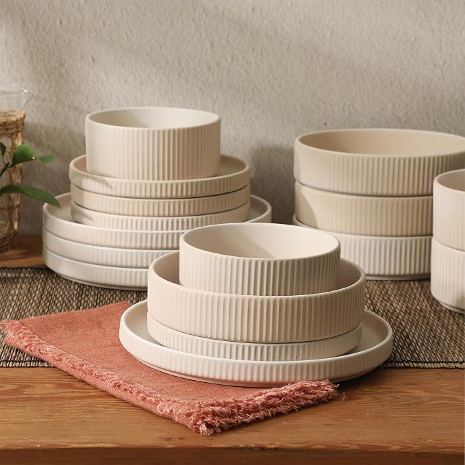 Gibson Elite Deerfield 16-Piece Stoneware Dinnerware Set – Cream White Reactive - Image 6