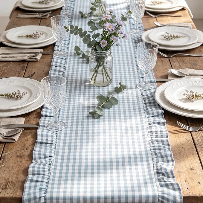 Eternal Beauty 14x120 Gingham Ruffle Table Runner, 100% Washed Cotton Plaid - Image 2