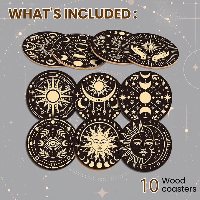 10pcs Coasters for Drinks Abstract Sun and Moon Absorbent Coasters Set Lunar - Image 3