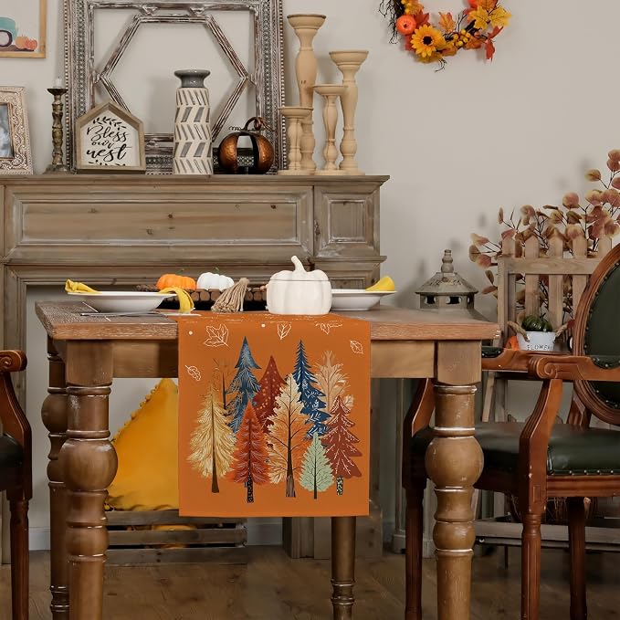 Fall Watercolor Trees & Maple Leaves Table Runner 13x60 Inch, Rustic Farmhouse - Image 7