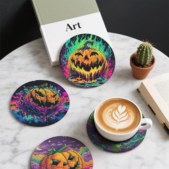 Pumpkin Coasters Leather Round Drink Coasters 6 Pcs Set - Image 6