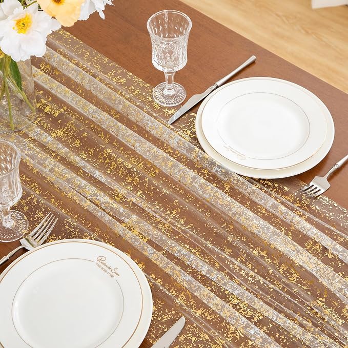 SiinvdaBZX 4 Pcs White Gold Sheer Tulle Table Runner 120 Inch/10 Ft Long | - Image 6