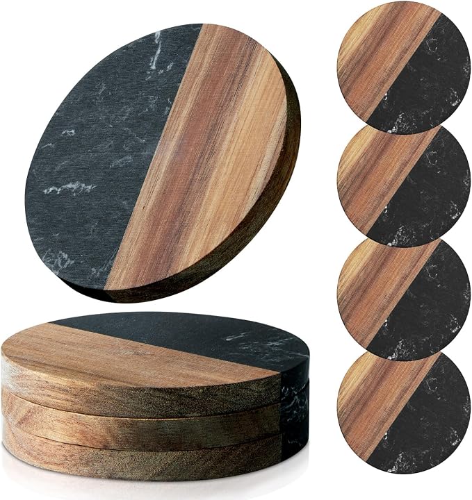 Coasters Set of 4 for Drinks, Marble-Wood Spliced Coaster for Tabletop by Unknown
