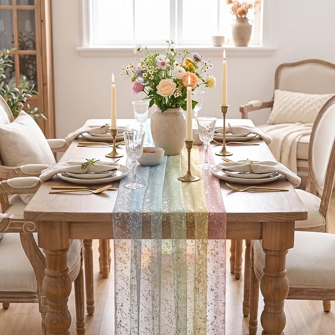 Artoid Mode 3-Pack Gold Gauze Table Runner 120 Inch 10FT, Rainbow Glitter - Image 2