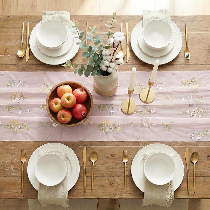 Artoid Mode 6PC Wildflower Floral Light Pink Gauze Embroidery Table Runner 120 - Image 5