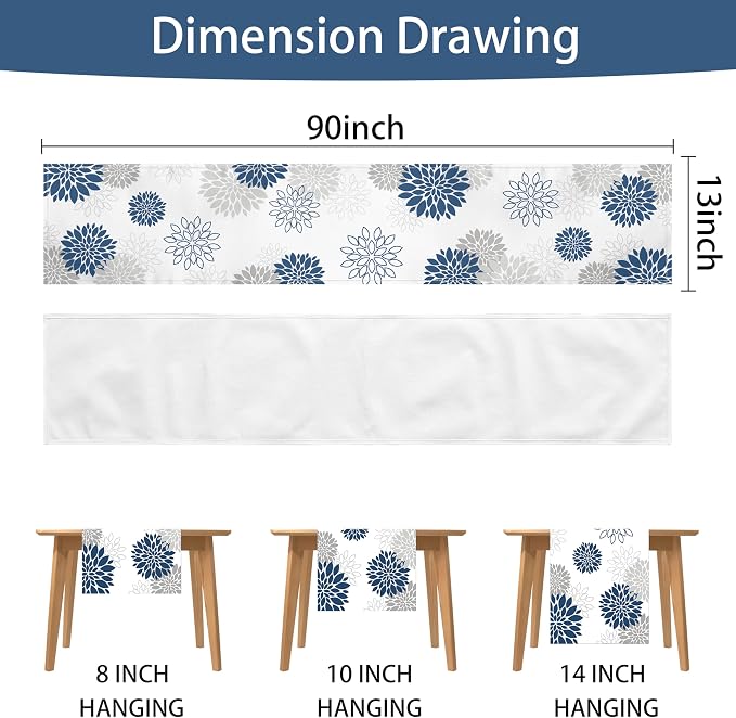 Dahlia Flower Table Runner 13x90 Inch Farmhouse Blue Gray Runners Modern Table - Image 7