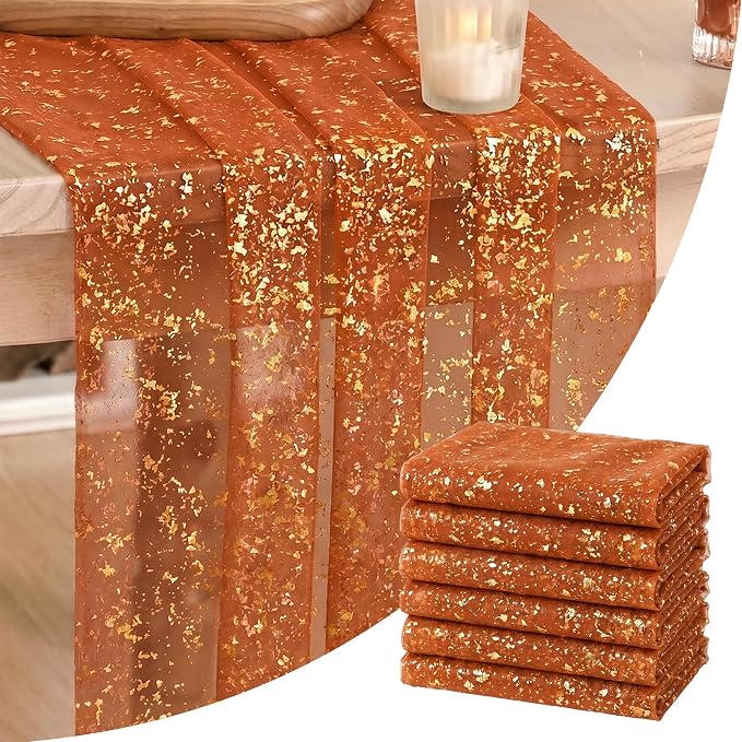 Artoid Mode 6PCS Caramel Gauze Gold Table Runner 120 Inch 10FT, Glitter by ArtoidMode