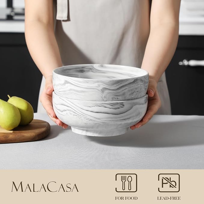MALACASA Large Serving Bowls, 60 OZ Ceramic Salad Bowls Set of 2 | Marble Grey - Image 3