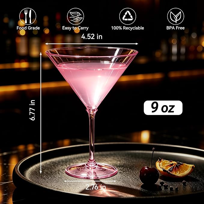Plastic Martini Glasses Set of 12, 9 oz Pink Cocktail Cups | Unbreakable - Image 2