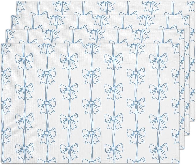 Blue Bow Placemats Set of 4, Washable Heat Resistant Placemats Kitchen Table by RLCNOT