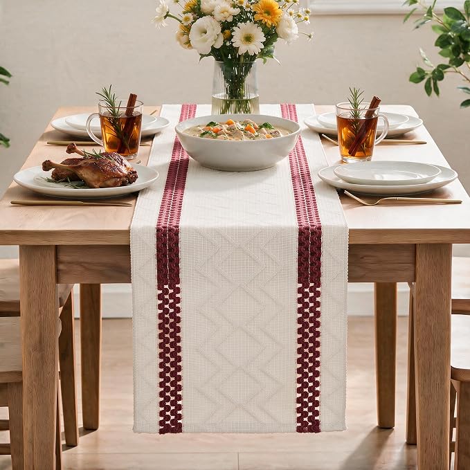 Artoid Mode Red Stripe Woven Rustic Table Runner 12x108 Inch | Holiday Kitchen - Image 2