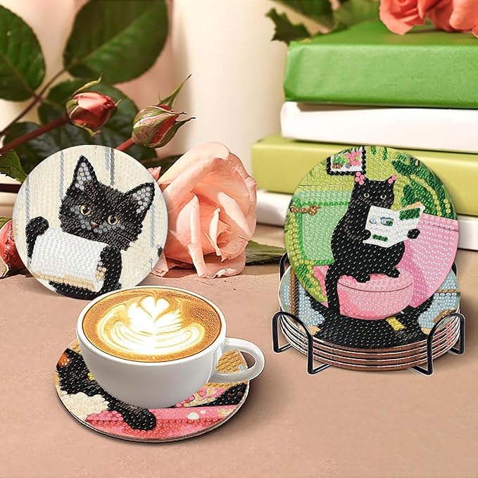 8 Pack Black Cat Diamond Art Coasters Kits-Diamond Painting Coasters Kit | 5D - Image 3
