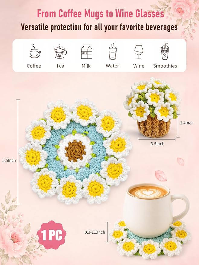 Crochet Flower Bouquet Coasters, Cotton Daisy Gifts - Image 2