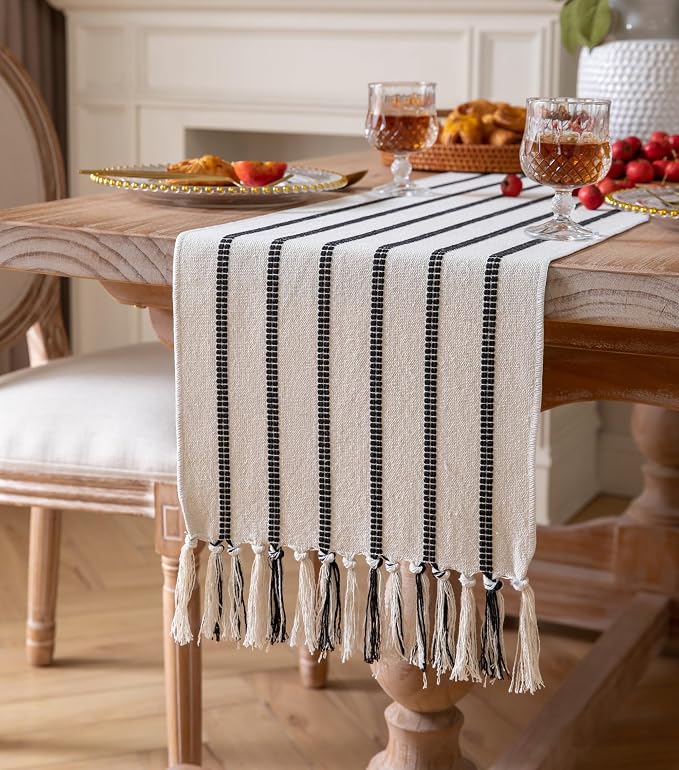 Caflife Boho Table Runner 108 Inchs Long Black and Beige, Cotton and Linen Woven - Image 2