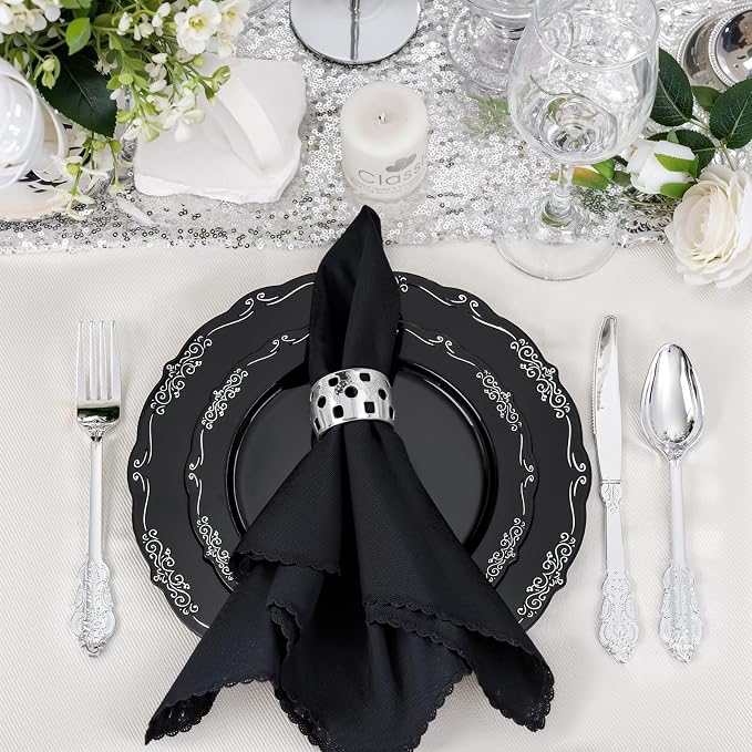 DaYammi 60PCS Black and Silver Plastic Plates, Heavy Duty Black and Silver - Image 7