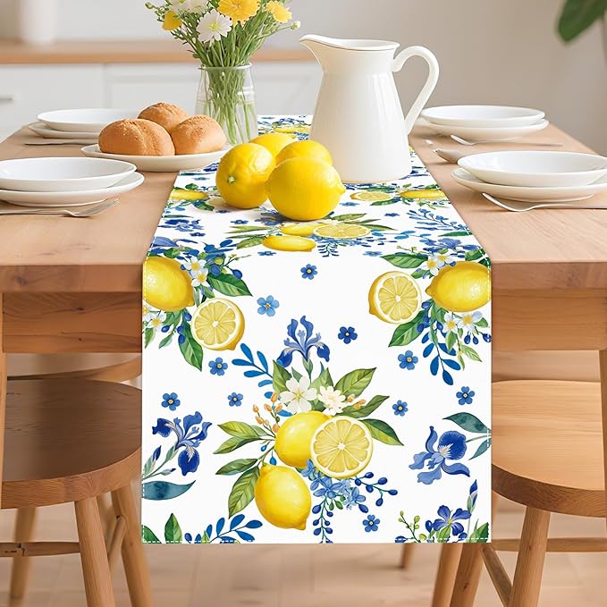 Lemon and Blue Floral Table Runner, 72 x 13 inches, Easy Care Machine Washable - Image 4