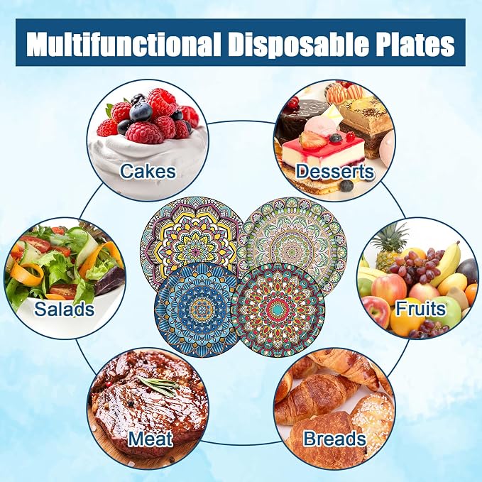 100PCS Boho Paper Plates 7Inch & 9Inch, Vintage Bohemian Disposable Dinnerware - Image 5