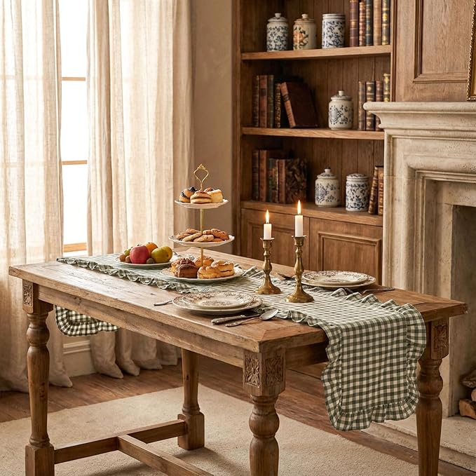 HunnmingRe 1 Pc Gingham Table Runner Green, 72 X 13.8 Inch | Cotton Dresser - Image 8