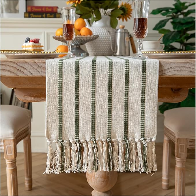 Caflife Boho Table Runner 90 Inchs Long Green and Beige, Cotton and Linen Woven by Caflife