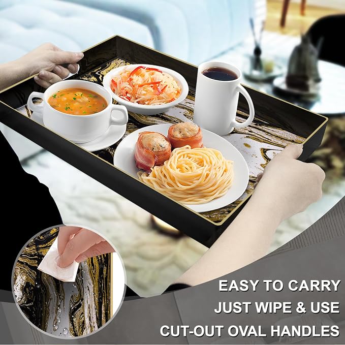 Plastic Serving Tray with Handles, Rectangle Black Decorative Tray | Coffee - Image 3
