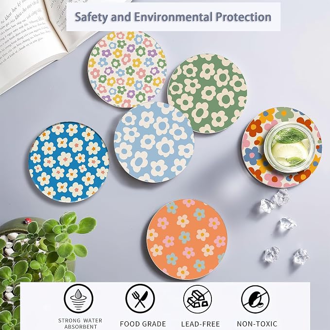 Drink Coasters Set of 6 with Holder, Vintage Groovy Flowers Absorbent Ceramic - Image 4
