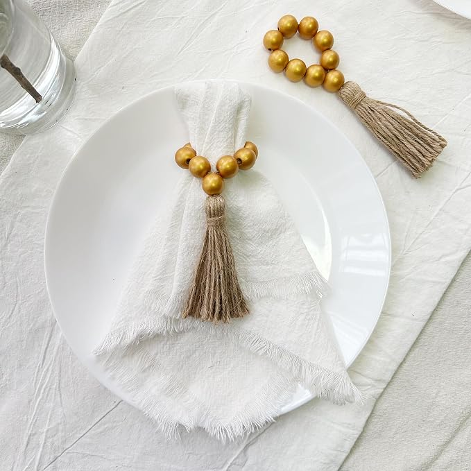 Napkin Rings Set of 12, Wooden Bead Elastic Tassel Napkin Ring | Tassel Napkin - Image 3