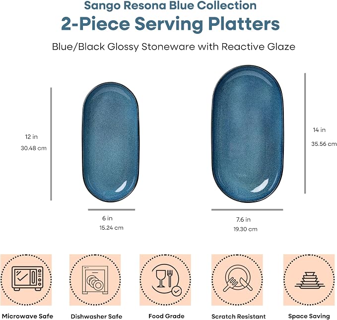 SANGO Resona Blue Serving Platters Set of 2, 14/12 Inch Stoneware Serving Dishes - Image 4