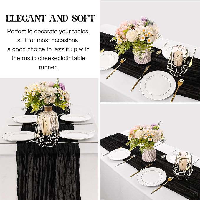 Black 10FT Cheesecloth Table Runner Boho Gauze Fabric Table Runner Rustic Sheer - Image 3