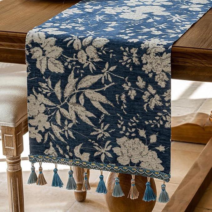 Botanical Jacquard Floral Dining Table Runner Blue 13 x 82 Inch | Jacquard - Image 2